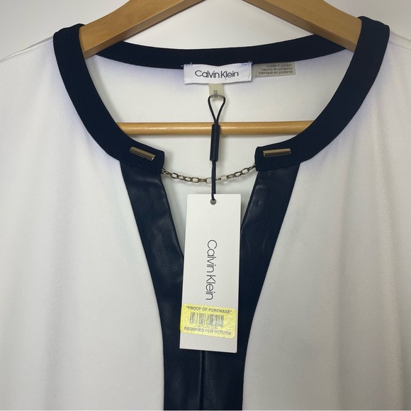 Calvin Klein Women Sleeveless White Blouse Faux Leather Trim NWT Size M - Picture 3 of 10